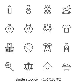 Baby items line icons set, outline vector symbol collection, linear style pictogram pack. Signs, logo illustration. Set includes icons as bear soft toy, pacifier, feeding bottle, bath, boy and girl 