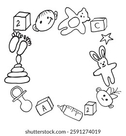 baby items objects for newborns babies toys Clothes Stroller vector square Frame Graphics doodle hand drawn Illustration base for textile Design tableware and printing