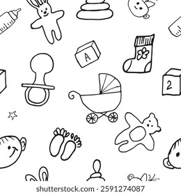 baby Items Objects for Newborns babies Toys Clothes Stroller Vector seamless Pattern Graphics doodle Hand Drawn Illustration base for textile Design tableware and printing