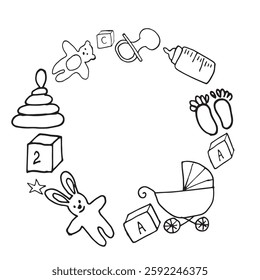 baby items objects for newborns babies toys Clothes Stroller vector round Frame Graphics doodle hand drawn Illustration base for textile Design tableware and printing