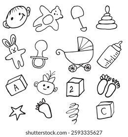 baby items objects for Newborns babies Toys Clothes Stroller Vector Set Graphics doodle Hand drawn Illustration base for textile Design tableware and printing