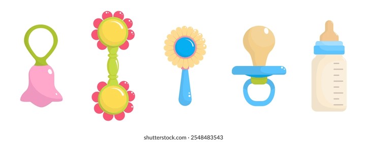 Itens de bebê definidos isolados em fundo branco. Brinquedo, chupeta e garrafa de leite. Cores fáceis de editar, sombras são transparentes. Ilustração vetorial, ícone colorido em design plano.	