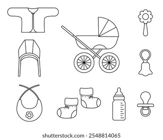 Conjunto de íconos lineales de artículos para bebés. Trazo editable. Ropa, cochecito, equipo. Ilustración vectorial.