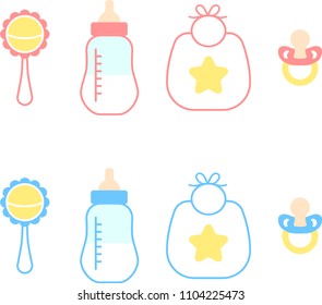 Baby items set: pacifier, milk bottle, bib and rattle in pink and blue colors. Baby shower flat icons. 