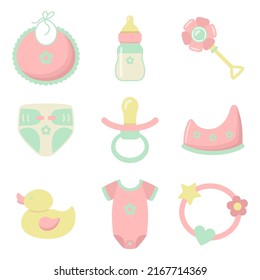Juego de artículos para bebés. Iconos planos simples y lindos para el diseño de productos para bebés. Bib. Botella de leche. Respirar en forma de flor. Diapers. Pezón. Bebé. Pato de goma para bañarse. Cuerpo. Objetos, juguetes y ropa.