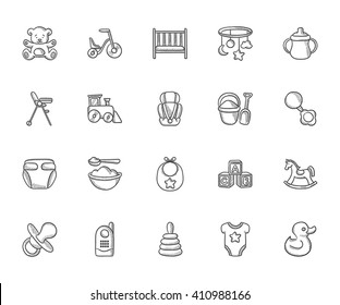 Baby items sketch icon set for web, mobile and infographics. Hand drawn vector isolated icons.