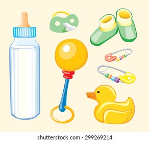 Baby items and symbols - rattle, bottle, diaper pins, booties, pacifier, rubber duck