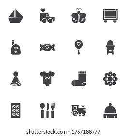 Baby items vector icons set, modern solid symbol collection, filled style pictogram pack. Signs, logo illustration. Set includes icons as clothes, socks, romper, feeding chair, candy, crib, medicine