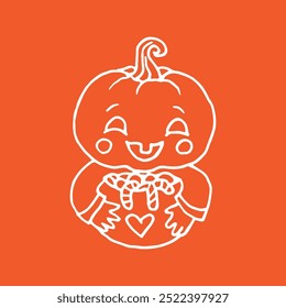 Baby Jack-O-Lantern Pumpkin Head with candy illustration for Halloween on orange