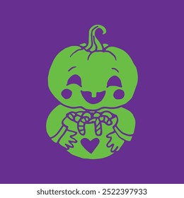 Cabeça de abóbora de bebê Jack-O-Lantern com ilustração de doce para verde Halloween no fundo roxo