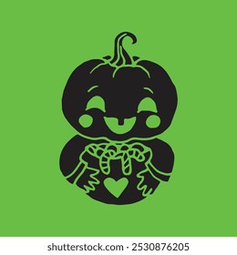 Cabeça de abóbora de bebê Jack-O-Lantern com ilustração de doce para Halloween preto no fundo verde