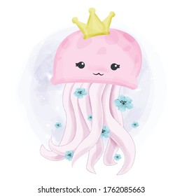 Baby Jellyfish And Crown Watercolor