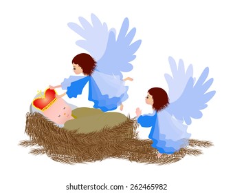 Baby Jesus and angel isolated on white background -Vector illustration