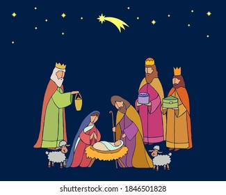 Baby Jesus born in Bethlehem. Christmas nativity scene with baby Jesus, Mary and Joseph in the manger with lambs. Three wise kings arrives with divine gifts. Hand drawn vector illustration.