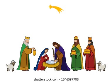 Baby Jesus born in Bethlehem. Christmas nativity scene with baby Jesus, Mary and Joseph in the manger with lambs. Three wise kings arrives with divine gifts. Hand drawn vector illustration.
