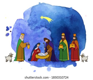 Baby Jesus born in Bethlehem  Christmas nativity scene and baby Jesus  Mary   Joseph in the manger and lambs  Three wise kings arrives and divine gifts  Watercolor background  Vector illustration