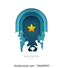 Baby jesus born in Bethlehem in paper cut trendy craft cartoon style. Christmas, new year modern design for advertising, branding background greeting card, cover, poster, banner. Vector illustration.