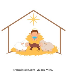baby jesus born between manger and sheeps with belen star. vector illustration