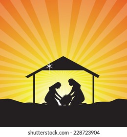 Baby Jesus born silhouette. Nativity scene of baby Jesus in the manger the virgin Mary and Joseph.