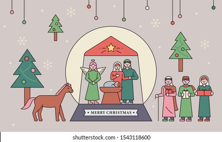 Baby Jesus was born in the stables. Wise men visit with carrying gifts. flat design style minimal vector illustration.