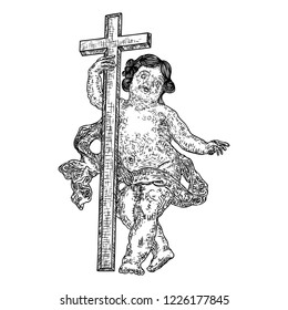 Baby Jesus Christ with cross. Christianity symbol of Jesus Christ. Cross worship. Vector.