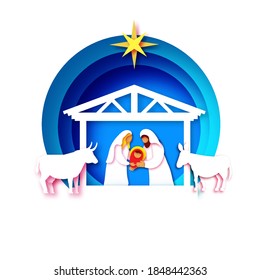 Baby Jesus Christ. Holy Child and Family. Mary and Joseph. Birth of Christ.Star of Bethlehem - East comet. Nativity Christmas in paper art style. Happy New Year. Animals. Blue.