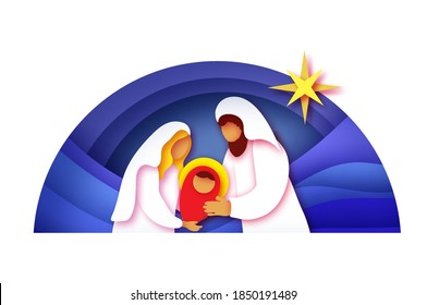 Baby Jesus Christ. Holy Child and Family. Mary and Joseph. Birth of Christ.Star of Bethlehem - East comet. Nativity Christmas in paper art style. Happy New Year. Circle frame. Blue.