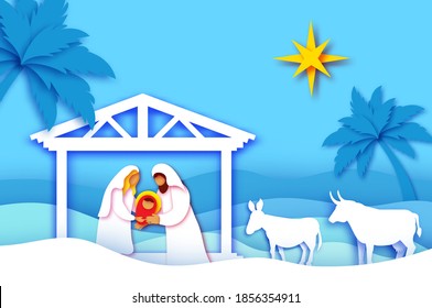 Baby Jesus Christ. Holy Child and Family. Mary and Joseph. Birth of Christ.Star of Bethlehem - East comet. Nativity Christmas in paper art style. Happy New Year. Animals. Palms and dessert. Blue.