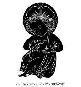 Baby Jesus. Christian icon. Medieval Nativity design. Christmas icon. Black and white negative silhouette.