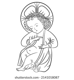 Baby Jesus. Christian icon. Medieval Nativity design. Christmas icon. Black and white linear silhouette.