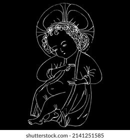 Baby Jesus. Christian icon. Medieval Nativity design. Christmas icon. Hand drawn linear doodle rough sketch. White silhouette on black background.