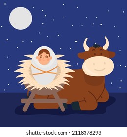 baby jesus and cow night scene