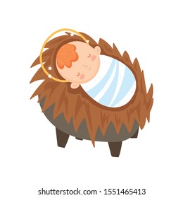 baby jesus in the crib manger nativity, merry christmas vector illustration