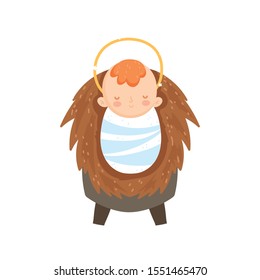 Baby Jesus In The Crib Manger Nativity, Merry Christmas Vector Illustration