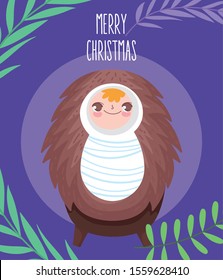 baby jesus in the crib manger nativity, merry christmas vector illustration
