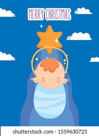 baby jesus gold star manger nativity, merry christmas vector illustration