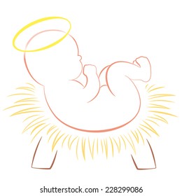 Baby Jesus with a halo lying on straw in a crib. Isolated outline vector illustration on white background.