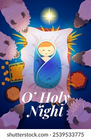 Baby Jesus laid in a manger surrounded by sheep, gold frankincense and myrrh, star shining, merry christmas night holy night vector illustration wallpaper