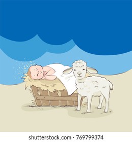 Baby Jesus and  lamb. Baby sleeping sleeps in the manger, vector illustration