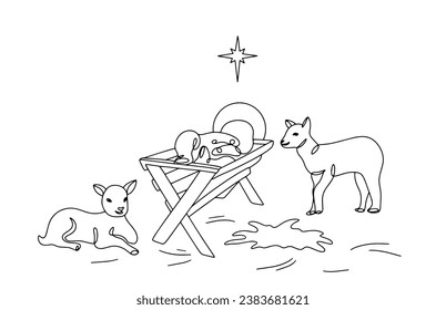 The baby Jesus lies in a manger in a stable. Two cute lambs next to each other. There is hay on the floor. Biblical Nativity scene. One line drawing for different uses. Vector illustration.