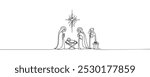 Baby Jesus lying in a manger in a stable. Biblical nativity scene. One line drawing. Vector illustration