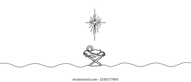 Niño Jesús acostado en un pesebre en un establo. Belén bíblico. Un dibujo de línea. Ilustración vectorial