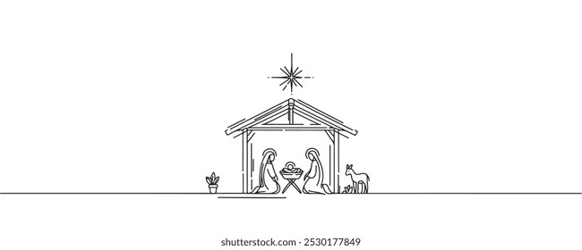 Baby Jesus lying in a manger in a stable. Biblical nativity scene. One line drawing. Vector illustration