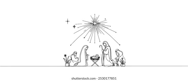 Baby Jesus lying in a manger in a stable. Biblical nativity scene. One line drawing. Vector illustration