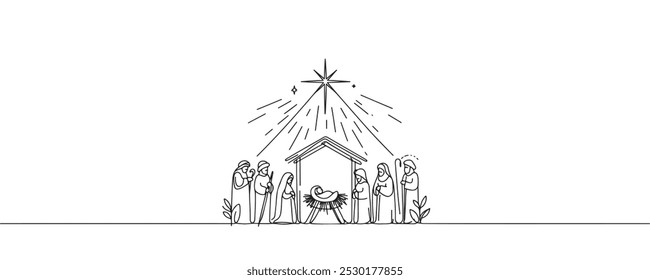 Niño Jesús acostado en un pesebre en un establo. Belén bíblico. Un dibujo de línea. Ilustración vectorial