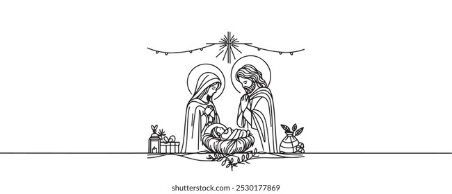 Baby Jesus lying in a manger in a stable. Biblical nativity scene. One line drawing. Vector illustration