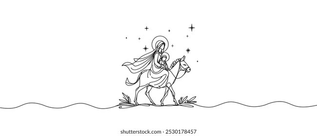Baby Jesus lying in a manger in a stable. Biblical nativity scene. One line drawing. Vector illustration