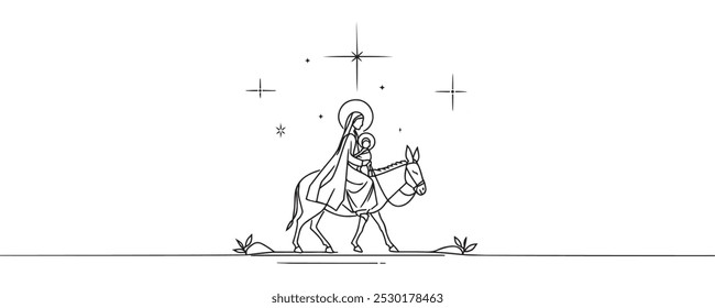 Baby Jesus lying in a manger in a stable. Biblical nativity scene. One line drawing. Vector illustration