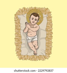 Baby Jesus in the Manger at Christmas Colored Vector Illustration