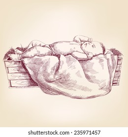 Baby Jesus In The  Manger Hand Drawn Vector Llustration Realistic Sketch